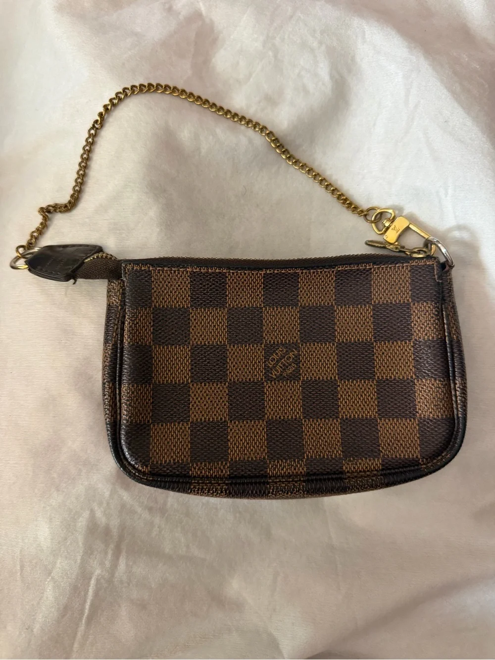 Louis Vuitton Trunks & Bags Damier Ebene Mini Pochette w/LV Branded Chain Strap